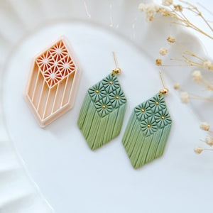 May include: A pair of green and gold dangle earrings with a geometric pattern. The earrings are made of polymer clay and have a fringe design.