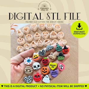 May include: A collection of small, colourful Halloween-themed polymer clay shapes including a skull, pumpkin, ghost, eyeball, and spider. The shapes feature various designs like a spiderweb heart and text reading HAUNT ME and DEAD INSIDE.