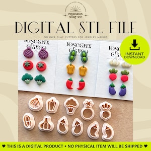 May include: A digital STL file set for polymer clay cutters featuring vegetable shapes including onions, tomatoes, broccoli, peas, peppers, chili, garlic, radishes, and eggplants. The image displays finished clay earrings alongside the white plastic cutters.