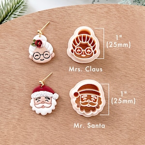 May include: Two sets of Christmas cookie cutters, one for Mrs. Claus and one for Mr. Santa. Each cutter is 1 inch (25 mm) in diameter and features a detailed design of a smiling face.