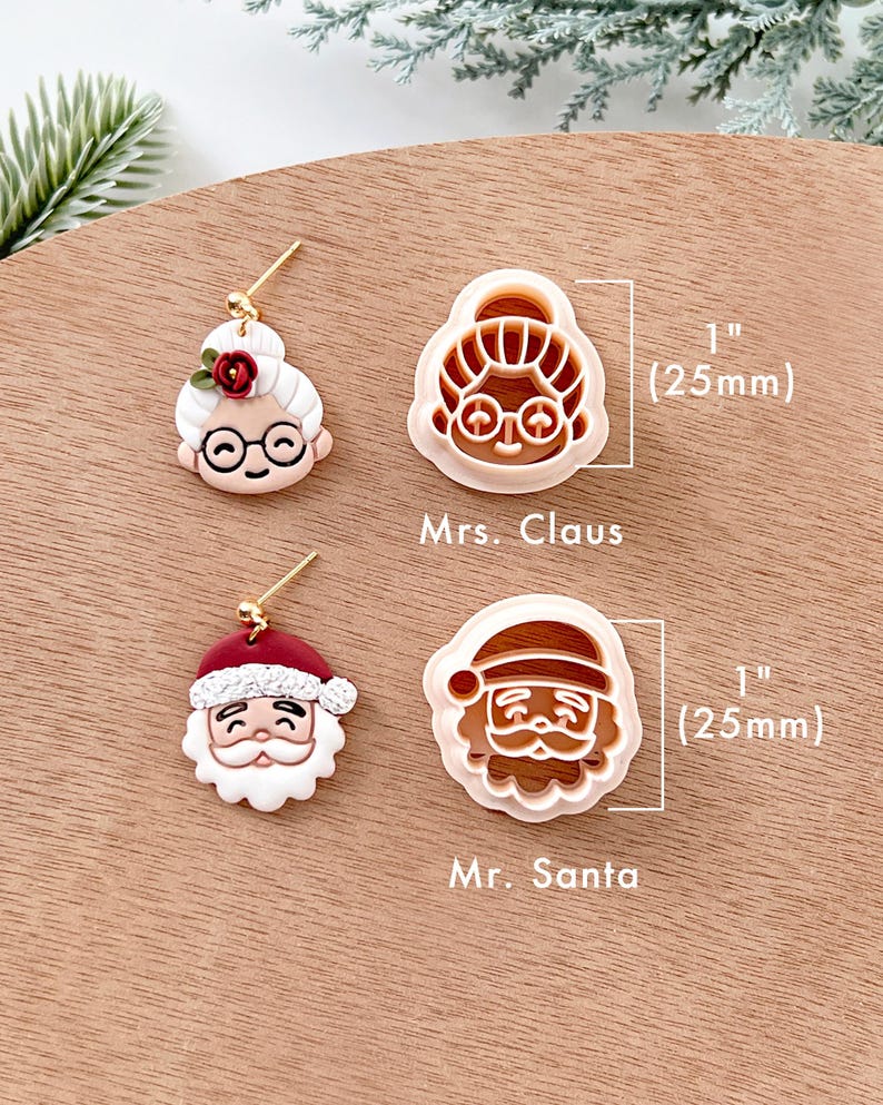 May include: Two sets of Christmas cookie cutters, one for Mrs. Claus and one for Mr. Santa. Each cutter is 1 inch (25 mm) in diameter and features a detailed design of a smiling face.