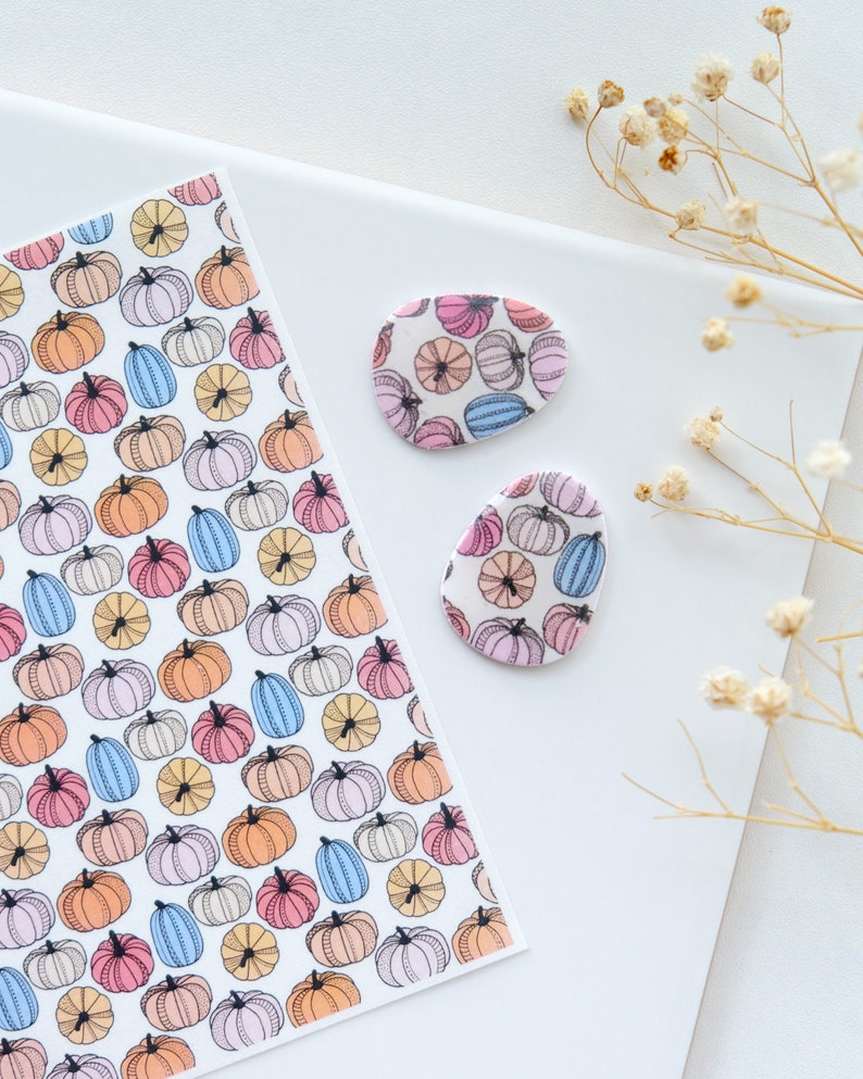 May include: Two white ceramic pumpkin-shaped earrings with a colorful pumpkin pattern. The earrings are on a white surface with dried flowers.