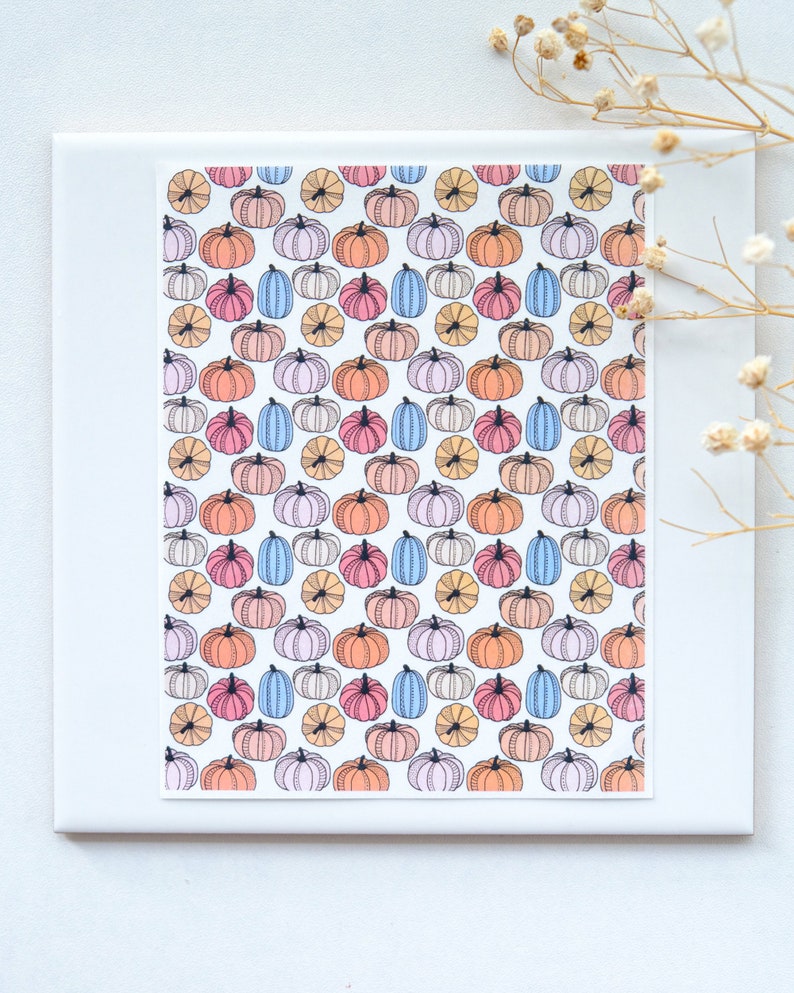 May include: A white background with a repeating pattern of colorful pumpkins. The pumpkins are in shades of orange, pink, blue, and yellow. The pumpkins are outlined in black and have a simple, hand-drawn style.