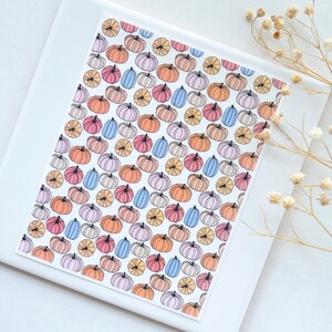 May include: A white background with a colorful pattern of pumpkins. The pumpkins are in shades of pink, orange, blue, and yellow. The pumpkins are all different sizes and shapes.
