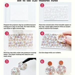 May include: A step-by-step guide on how to use clay transfer paper to create polymer clay earrings. The image shows six steps, with each step illustrated with a photo. The steps include preparing the clay, placing the transfer paper on the clay, cutting the shape, and sealing the pieces with UV resin after baking.