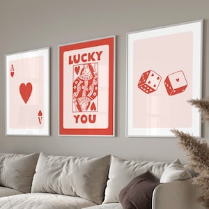 Conjunto de 3 arte de pared retro de moda, Lucky You Print, reina de corazones imprimible, cartel de tarjeta de as rojo, arte de pared de moda, impresión estética retro
