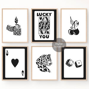 Set Of 6 Trendy Retro Wall Art, Black Lucky You Print, Queen of Hearts Printable, Black Ace Card Poster, Ace of Hearts Print, Retro Print