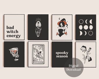 Retro Halloween Art Print, 8 Halloween Printables, Halloween Decor, Halloween Wall Art, Spooky Prints, Witch Prints, Skeleton Prints, Ghost
