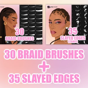 Könnte beinhalten: Zwei digitale Illustrationen von Frauen mit Zöpfen und Frisuren. Das erste Bild zeigt eine Frau mit langen schwarzen Zöpfen und dem Text "30 Braid Brushes". Das zweite Bild zeigt eine Frau mit einer lockigen Frisur und dem Text "35 Slayed Edges Stamps".