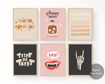 Halloween Decor Set of 6 Printables, Boho Halloween Prints, Halloween Wall Art Bundle, Cute Halloween Prints, Modern Halloween, Witch Prints