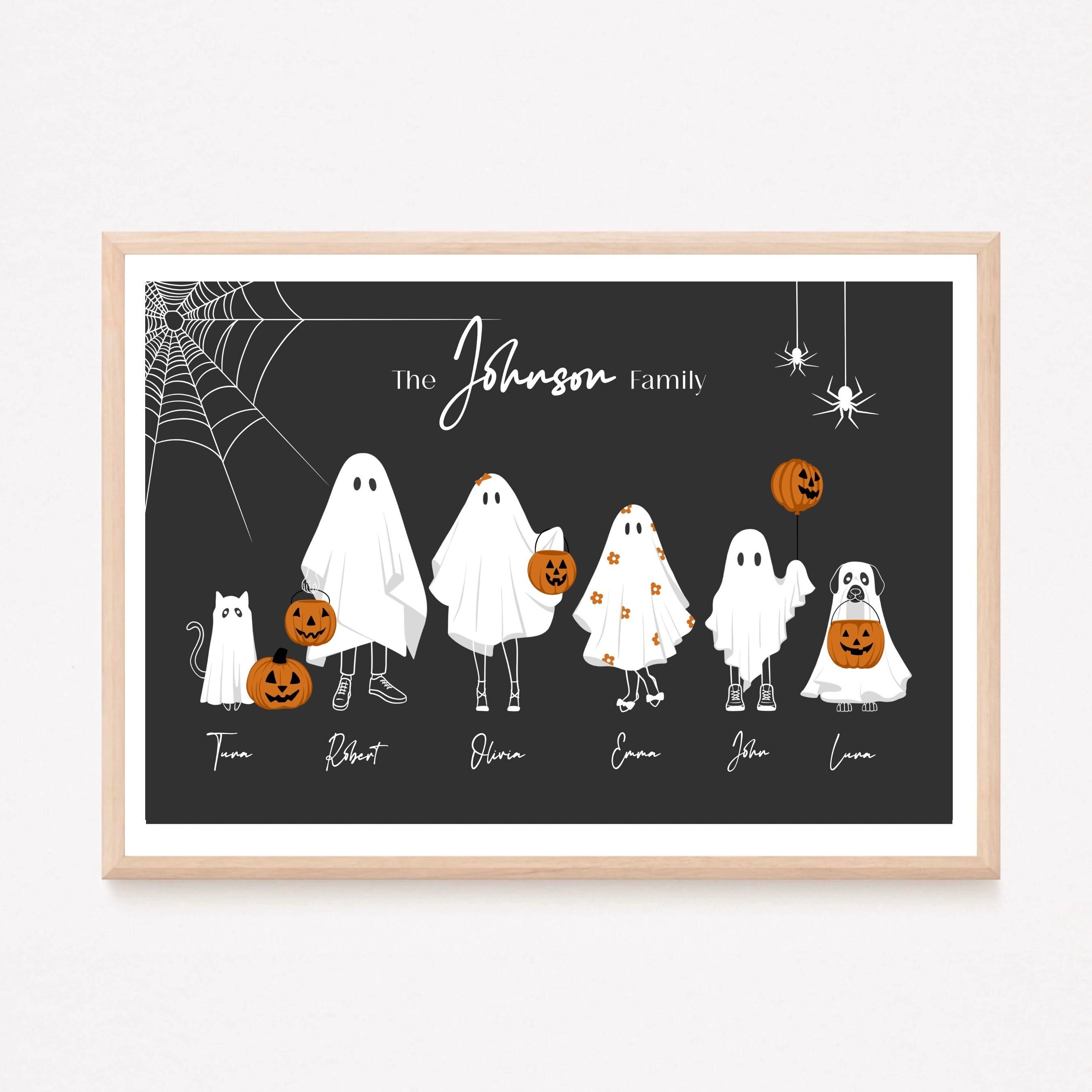 Halloween Family Portrait, Personalized Family Print, Custom Family Pets Portrait, Halloween Printable Wall Art, Halloween Ghost Family