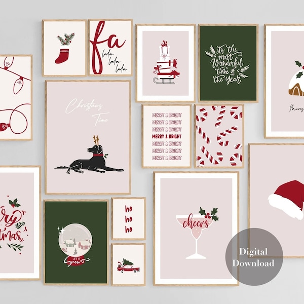 Christmas Wall Art, Set of 15 Christmas Prints, Christmas Printables, Retro Christmas Prints, Winter Printables