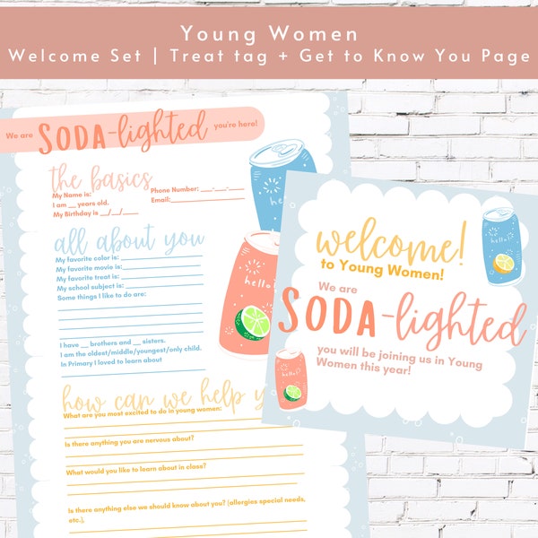 Young Women Welcome Set | New Young Women Bundle | Young Women 2024 Get to Know You Printable and Treat Tag | YW Spotlight |