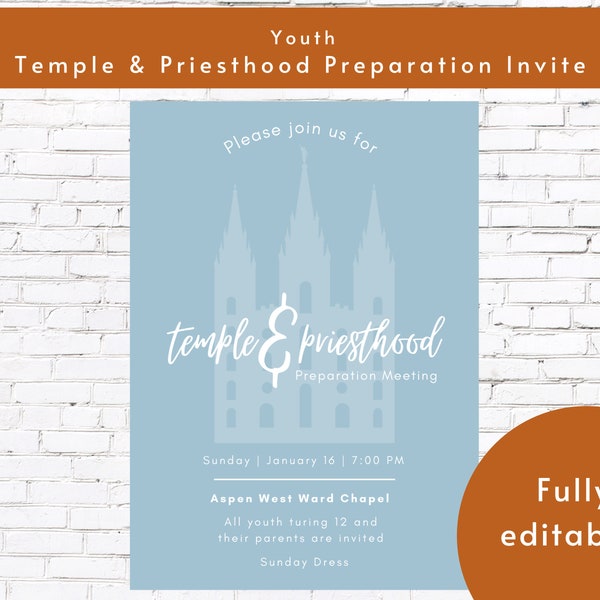 Temple and Priesthood Preparation Preview Meeting Invitation | Fully editable Youth Temple Invite | Latter-Day Saint 2022 Primary Printable