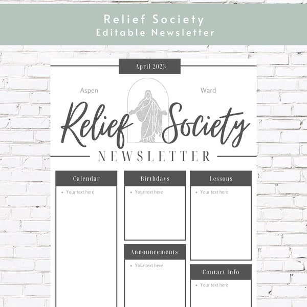 Relief Society Editable Newsletter Download | Printable RS Newsletter Black and White | LDS Relief Society Monthly Newsletter Template