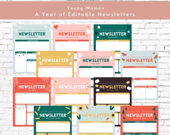 A Year of YW Newsletters | Editable Newsletters for Latter-Day Saint Young Women 2022 | Monthly Editable Newsletters for YW and RS