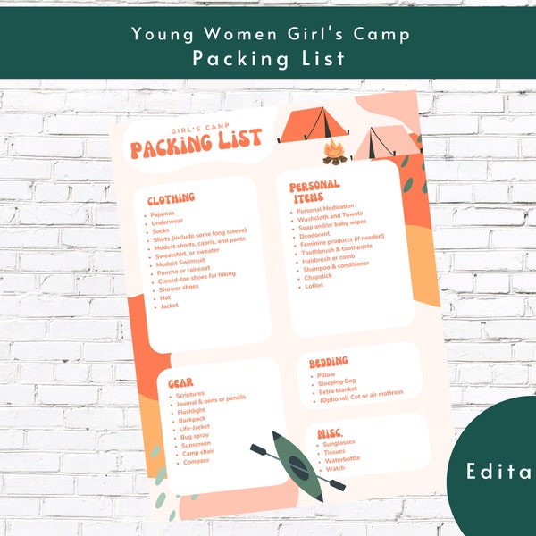 Girl's Camp Packing List | Young Women's YW Camp Printable Editable | Latter-Day Saint | Digital Download