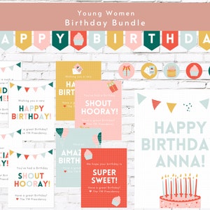 Junge Frauen Geburtstag Geschenk Bundle | YW Karten + Handouts zum Geburtstag | Banner + Schild | Bundle der Heiligen der Letzten Tage