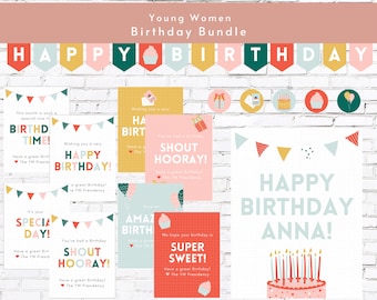 Young Women Birthday Gift Bundle | YW Cards + Birthday Handouts | Banner + Sign | Latter-Day Saint Young Women Bundle