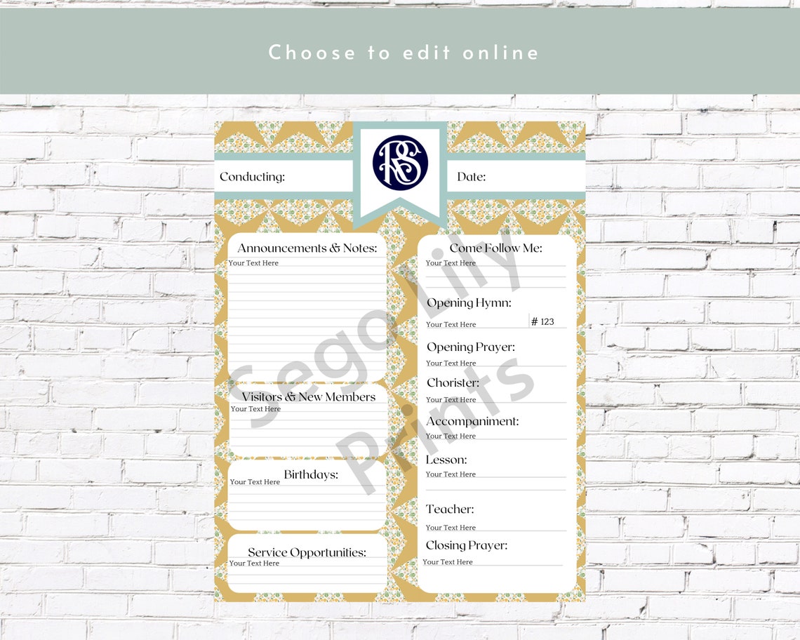 Editable Relief Society Printable RS Conducting Sheets Etsy