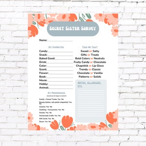 Girls Camp Secret Sister Survey | All About Me Questionnaire | Gift ...