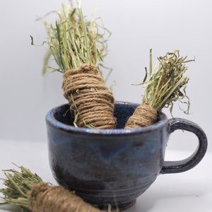 May include: Three bundles of dried grass, tied with twine, are in a blue ceramic mug. The bundles are arranged vertically, with the top bundle partially out of the mug. The mug has a handle on the right side.