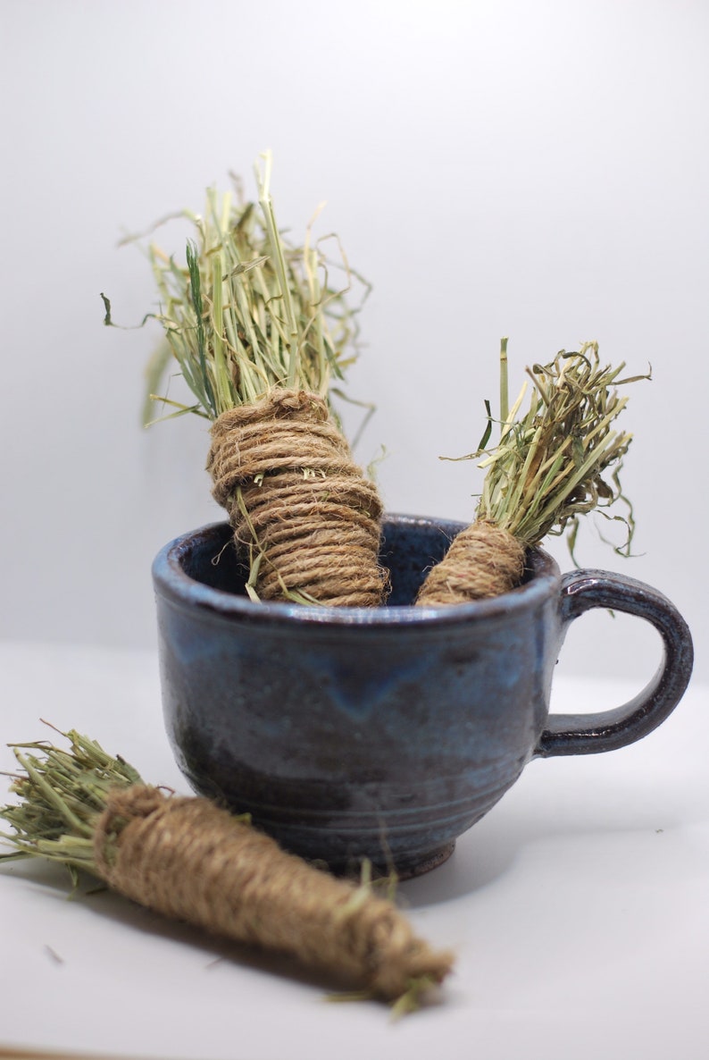 May include: Three bundles of dried grass, tied with twine, are in a blue ceramic mug. The bundles are arranged vertically, with the top bundle partially out of the mug. The mug has a handle on the right side.