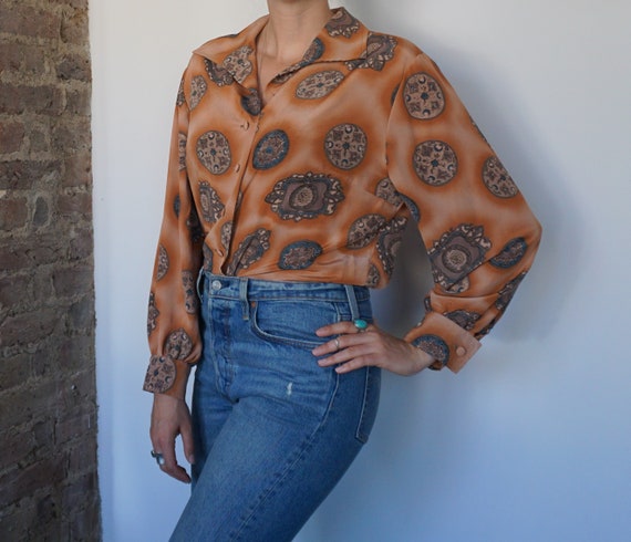 80s Print Blouse, Orange Blouse, Patterned Shirt,