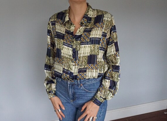80s vintage evening brown sleeveless blouse with pattern Size M