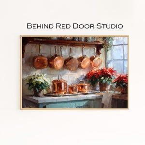 Kopparkrukor hängande ovanför bänkskiva med kakformar, Väggkonst, Köksväggkonst, Vintagestil, Heminredning, Högtidsdekor, Ladda ner