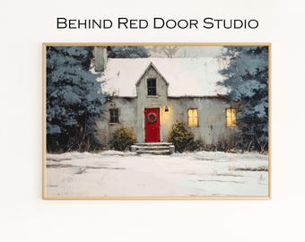 Farmhouse with Red Door and Wreath, Wall Art, Oil Painting, Cottage Art, Entryway Decor, Fall Art, Download, Farmhouse Art, Red Door