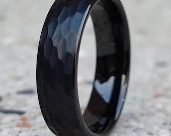 Black Hammered Tungsten Ring: 6mm Engagement Wedding Band