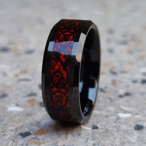 Black Tungsten Carbide Ring: Red Celtic Dragon Inlay, 8mm Men&#39;s Ring
