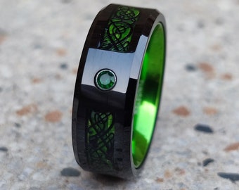 8mm Black Tungsten  Ring Green Celtic Dragon Inlay Men Women Wedding Band Anniversary Ring, Couples Gift, Love Ring,  Gift For Her