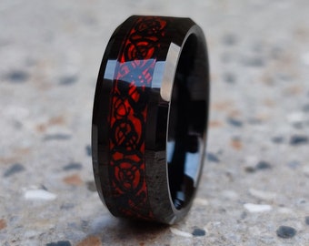 8mm Black Tungsten Ring Men Red Celtic Dragon Inlay Ring Men&#39;s  Celtic Ring Anniversary Ring Black Tungsten Ring, Made for Love Couple Ring.