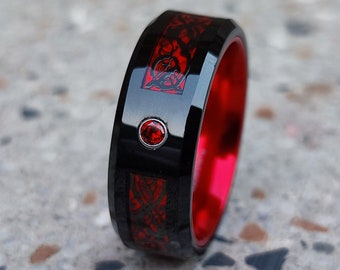 8mm Black Tungsten  Ring Red Celtic Dragon Inlay Men Women Wedding Band, Anniversary Ring, Love Band, Gift For Him, Promise Ring For Couple