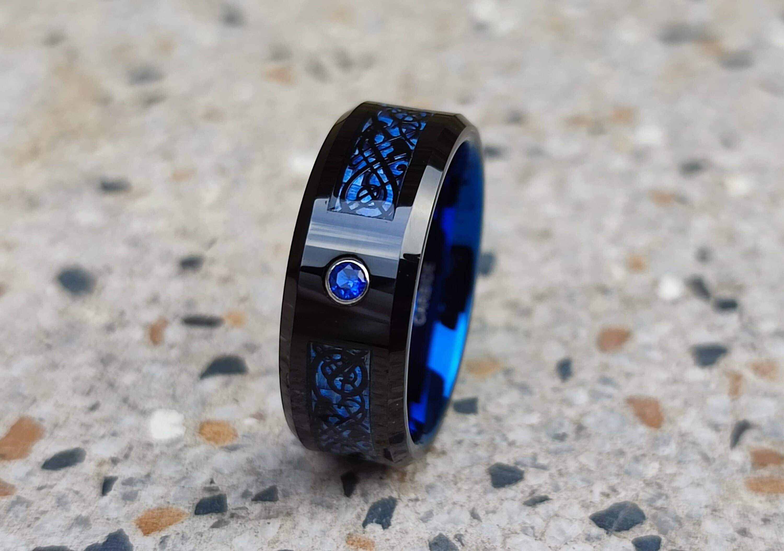 8mm Blu Tungsteno Anello In Carburo Celtico Drago Blu Fibra Di Carbonio Fede Nuziale - Foto 2