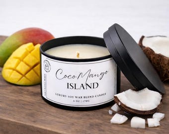 Coco Mango Island 6 uncji wosku sojowego, luksusowa świeca w czarnej puszce