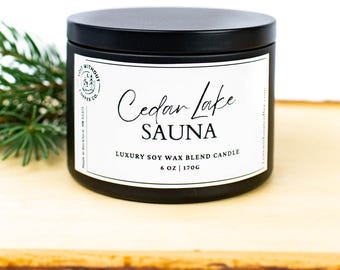 Cedar Lake Sauna 6 uncji wosku sojowego Luksusowa świeca w czarnej puszce