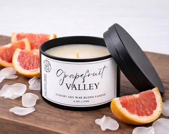 Świeca w puszce Grapefruit Valley 6 uncji z mieszanką wosku sojowego, luksusowa, w kolorze czarnym