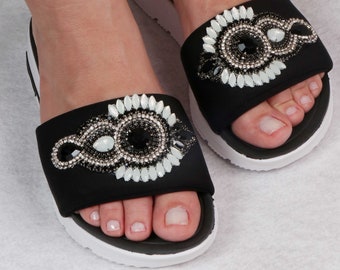 Women's sandal, black and white with handmade rhinestones crystals, fancy flip flops, unique, Brazilian sandals w/wedges