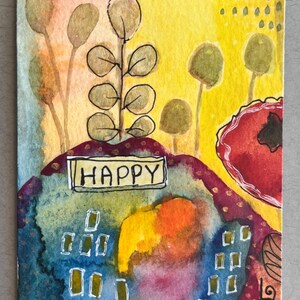 ACEO - Pintura de acuarela original - Sin impresiones - Única en su tipo "Happy" 2 1/2" x 3 1/2" sin marco viene con funda