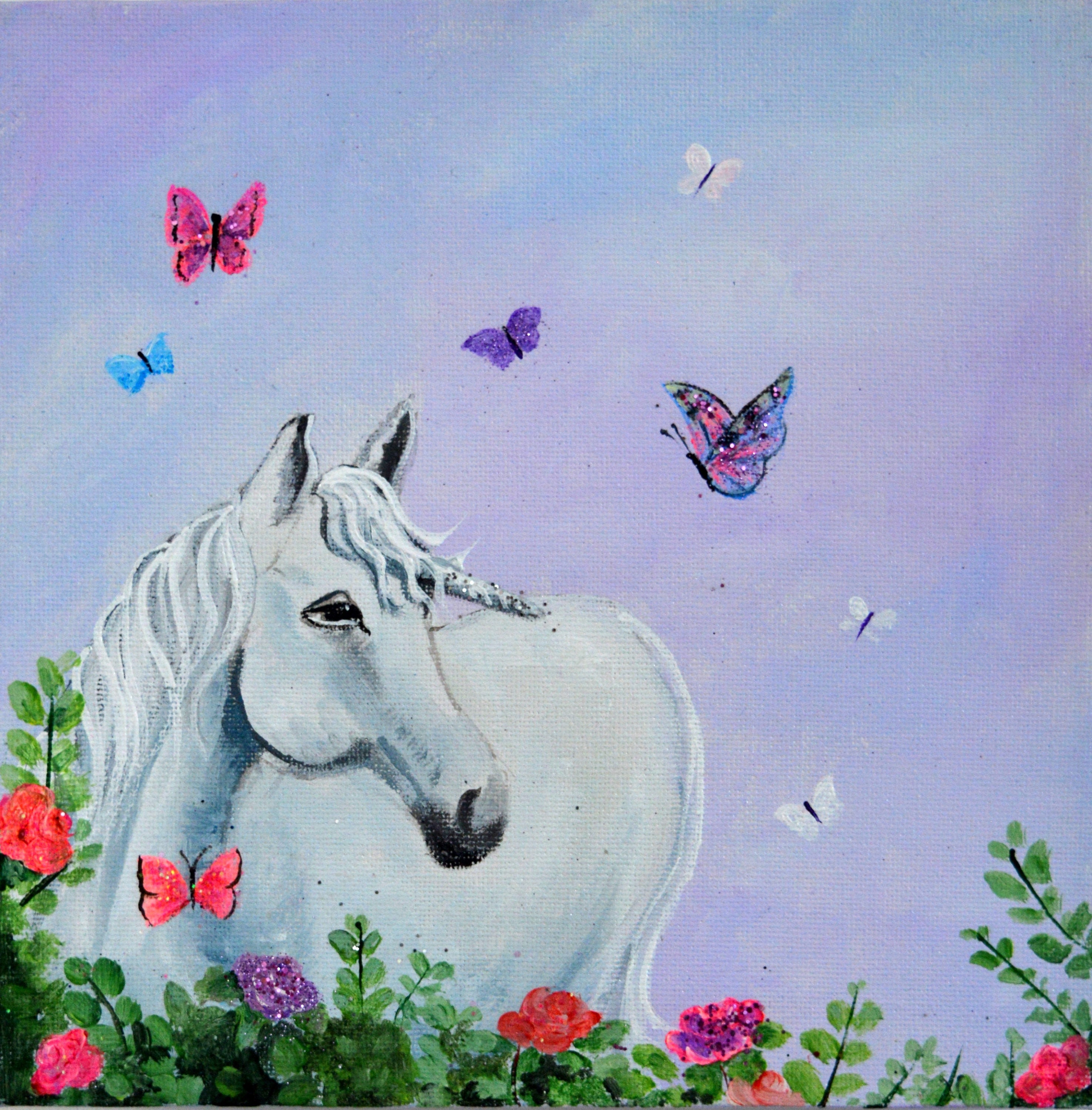 Unicorn and Butterflies. Mixed Media on Canvas Etsy
