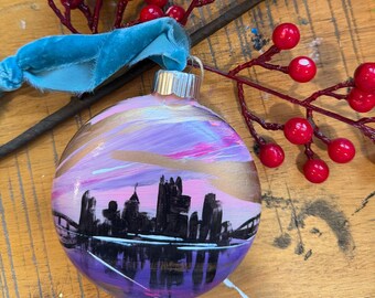 Purple Sky Pittsburgh Glass Ornament