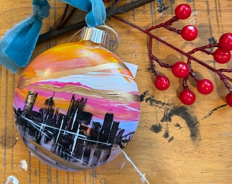 Pink and Yellow Sky Pittsburgh Glass Ornament