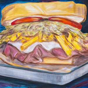 May include: A painting of a large sandwich on a white tray. The sandwich is filled with lettuce, tomato, cheese, and meat. The sandwich is on a white tray with a blue background.