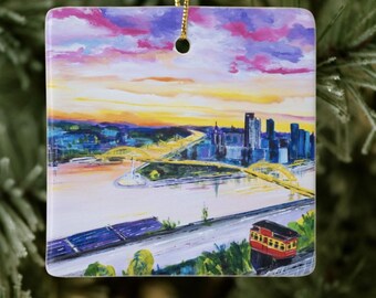 Incline over the City Ceramic Christmas Ornament