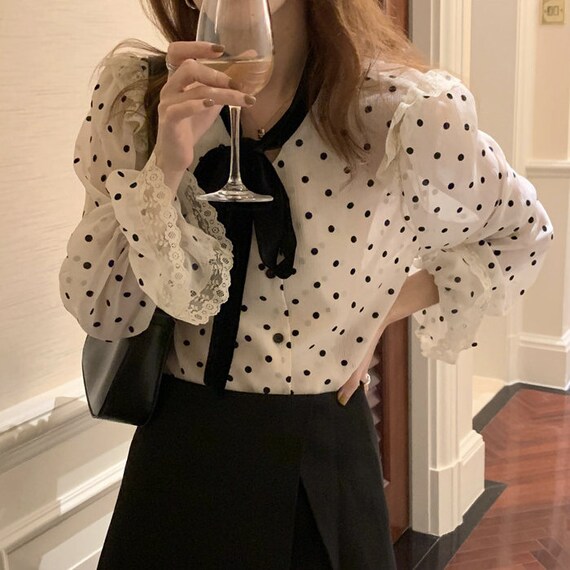 Korean Chiffon Velvet Bow Polka Dot Blouse - Etsy