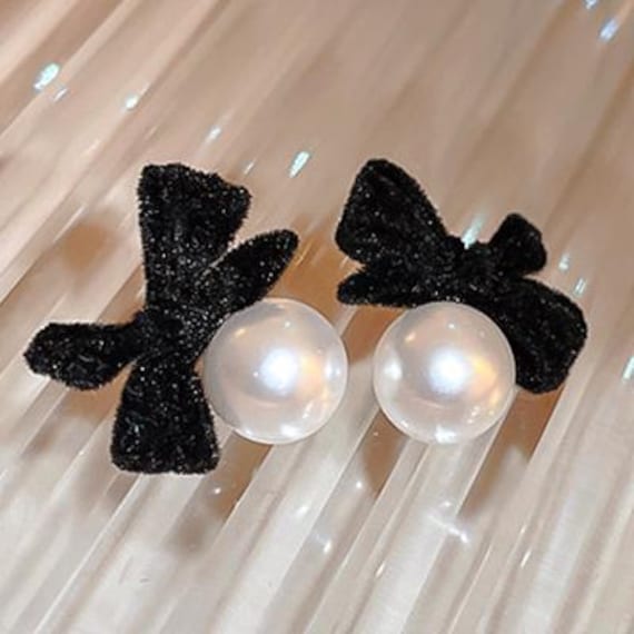 Black Bow Pearl Earrings - Girl Friend Gift, Birthday Gift