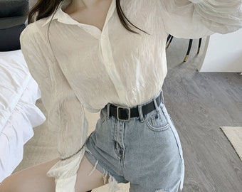 Korean Style Loose White Long Shirt for Women Pleated Waist Long